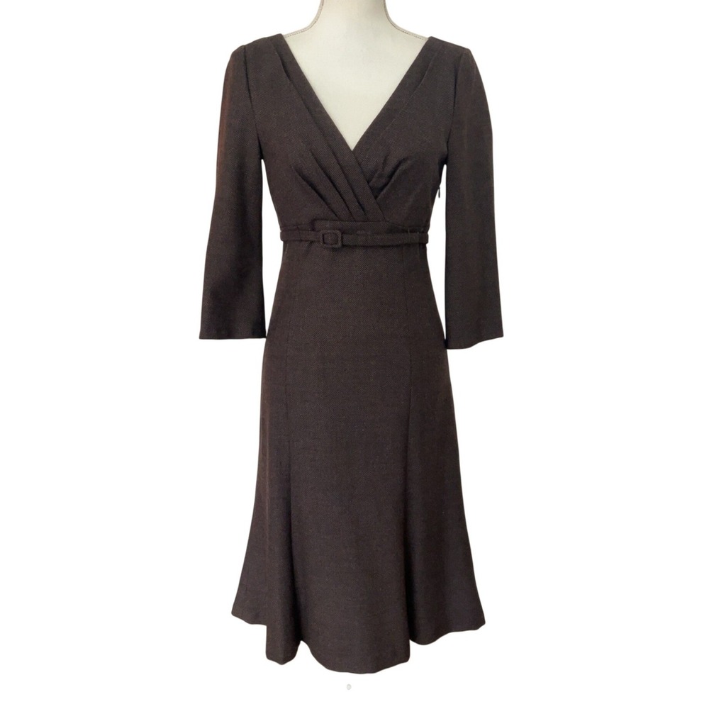 HOBBS London brown wool blend belted midi dress w‎ 3/4 sleeve SZ: 4 (UK size 8)